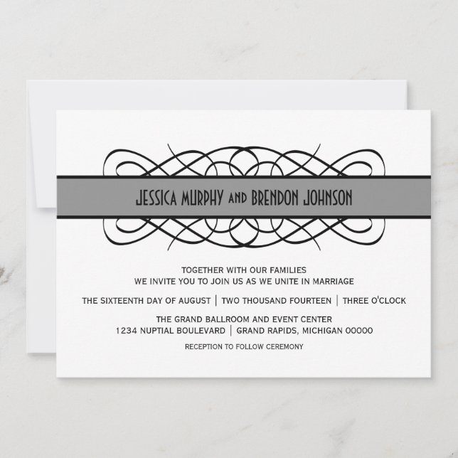Gray Deco Flourish Wedding Invite (Front)