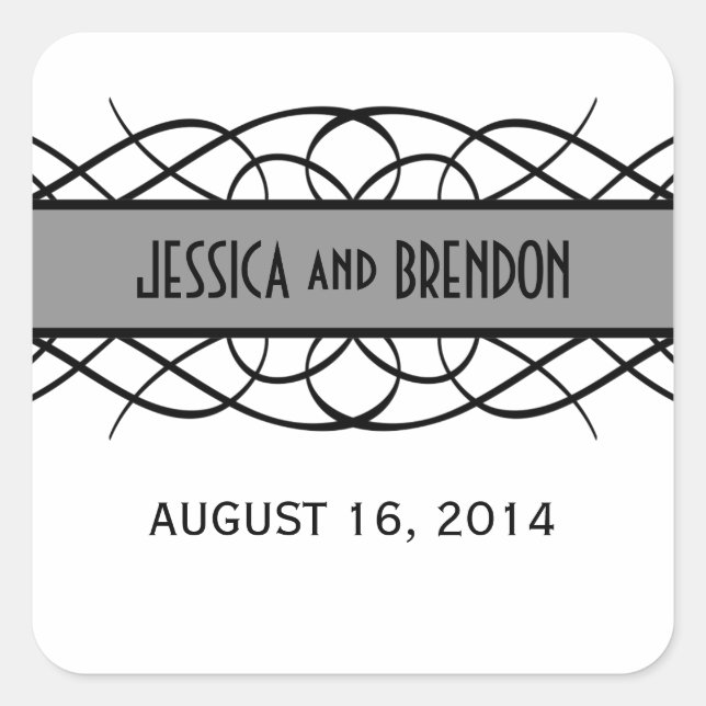 Gray Deco Flourish Wedding Stickers (Front)