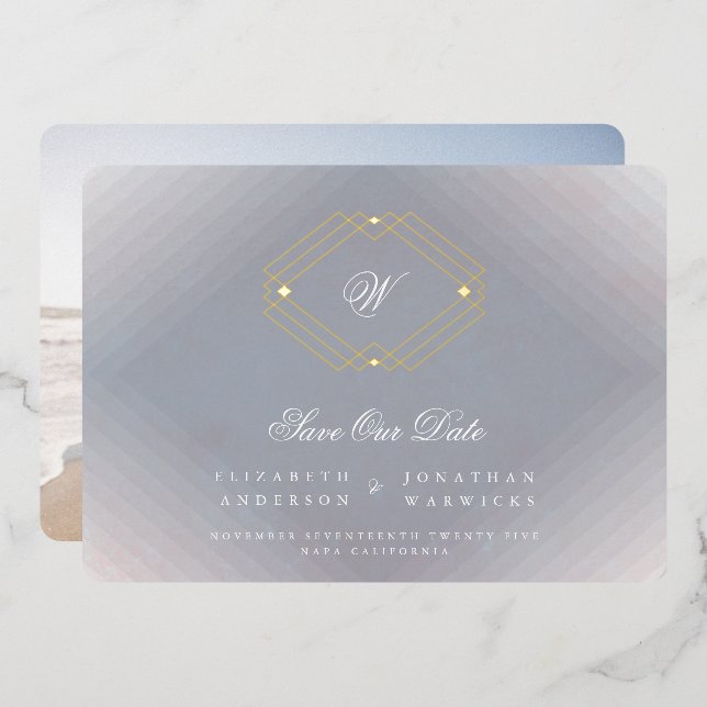 gray deco monogram photo gold SAVE THE DATE Foil Invitation (Front/Back)