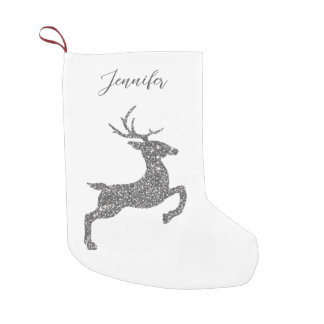 Gray Deer Shape In Faux Glitter Texture With Name Small Christmas Stocking