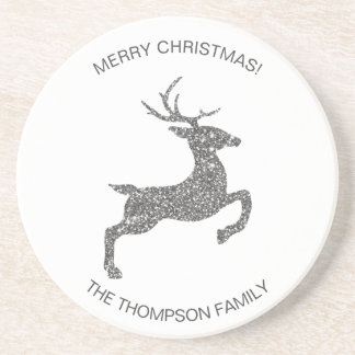 Gray Deer Shape In Faux Glitter Texture With Text Coaster