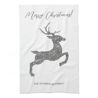 Gray Deer Shape In Faux Glitter Texture With Text Kitchen Towel