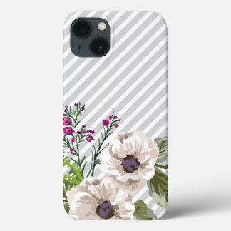 Gray Diagonal Stripes With Purple Flowers iPhone 13 Case