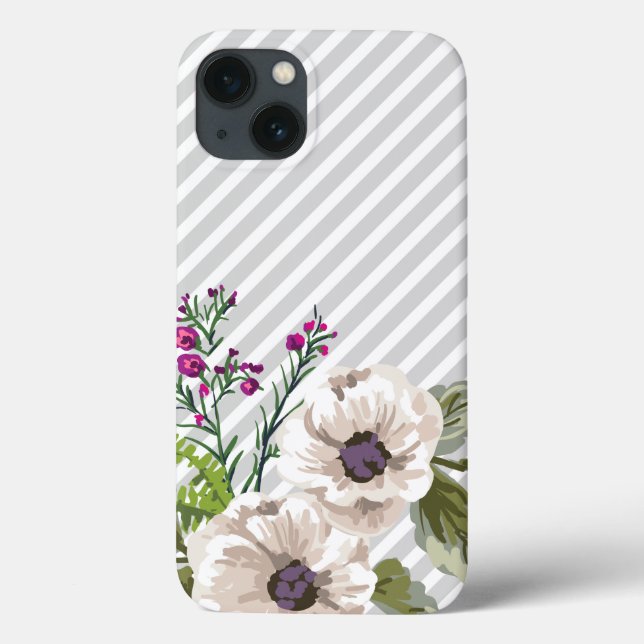 Gray Diagonal Stripes With Purple Flowers Case-Mate iPhone Case (Back)
