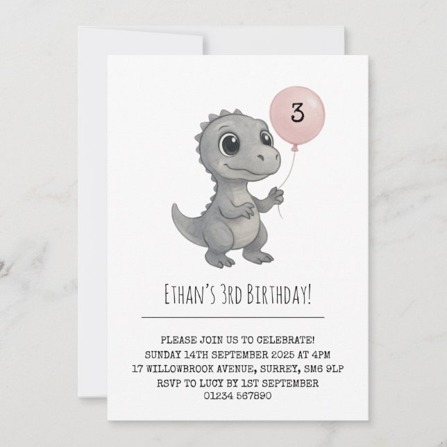 Gray Dino with Pink Balloon Illustration Birthday Invitation (Front)