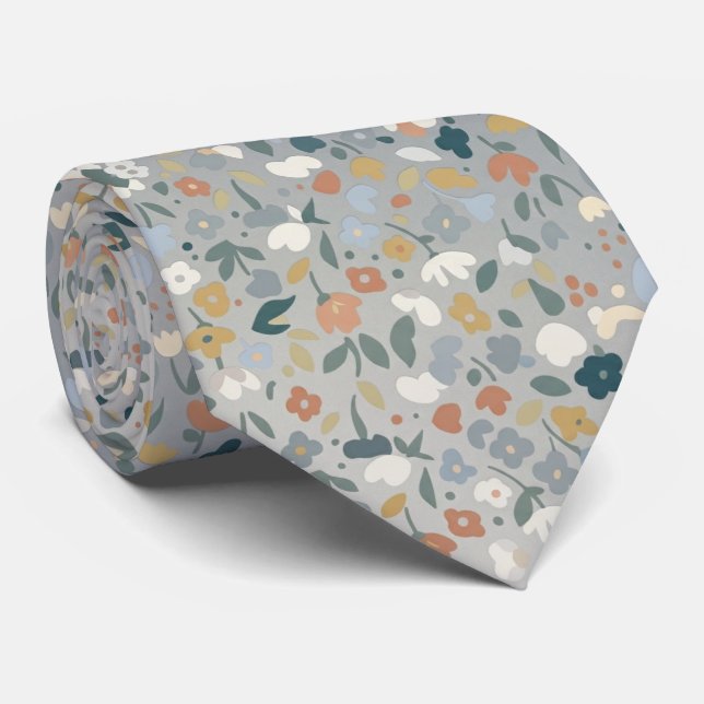 Gray Ditsy Floral Soft Pastel Flowers Neck Tie (Rolled)