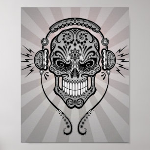 Gray DJ Sugar Skull with Rays of Light Poster