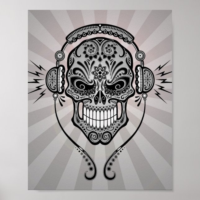 Gray DJ Sugar Skull with Rays of Light Poster (Front)