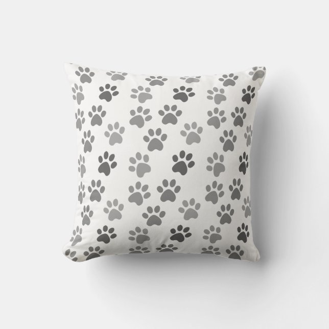 Gray dog & cat paws on white throw pillow (Front)