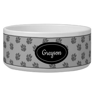 Gray Dog Paws Pattern With Custom Name Bowl