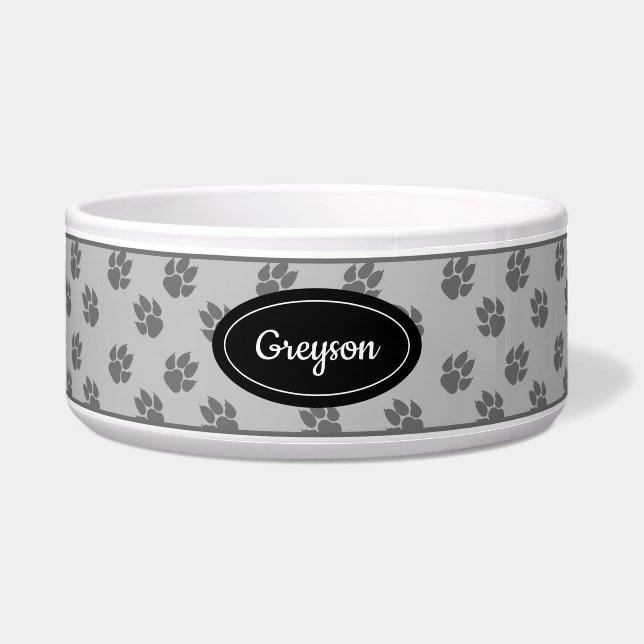 Gray Dog Paws Pattern With Custom Name Bowl (Front)