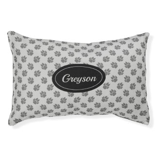 Gray Dog Paws Pattern With Custom Name Pet Bed