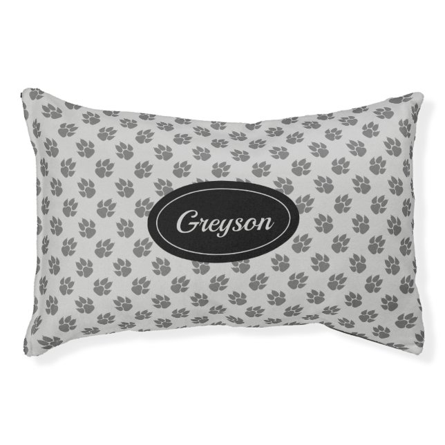 Gray Dog Paws Pattern With Custom Name Pet Bed (Front)