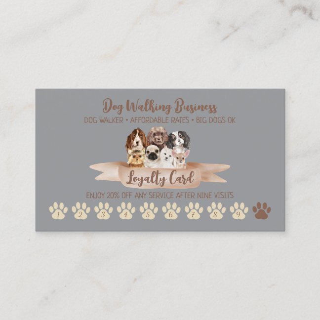 Gray Dog Walker Loyalty Discount Paw Business Card