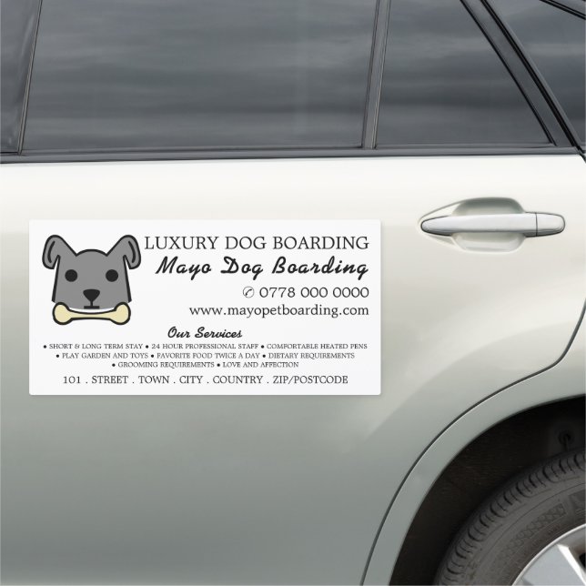 Gray Dog with Bone, Dog Boarding, Advertising Car Magnet (In Situ)