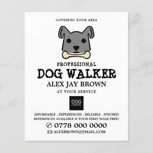 Gray Dog with Bone Dog Walker Advertising Flyer