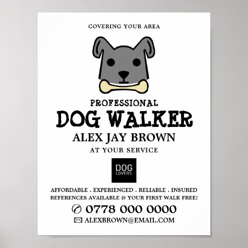 Gray Dog with Bone Dog Walker Advertising Poster