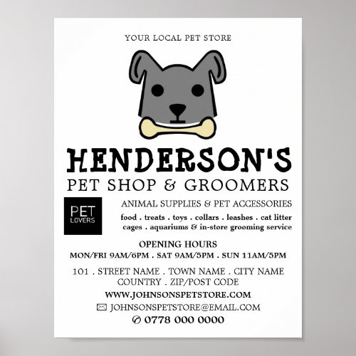 Gray Dog with Bone Pet Store  Groomers Poster