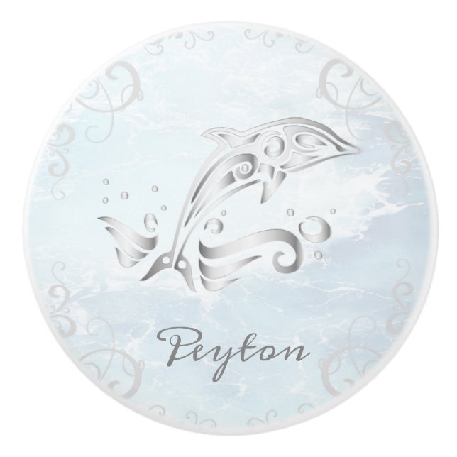 Gray Dolphin Personalized Ceramic Knob (Front)