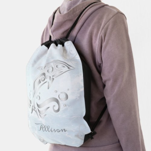 Gray Dolphin Personalized Drawstring Bag