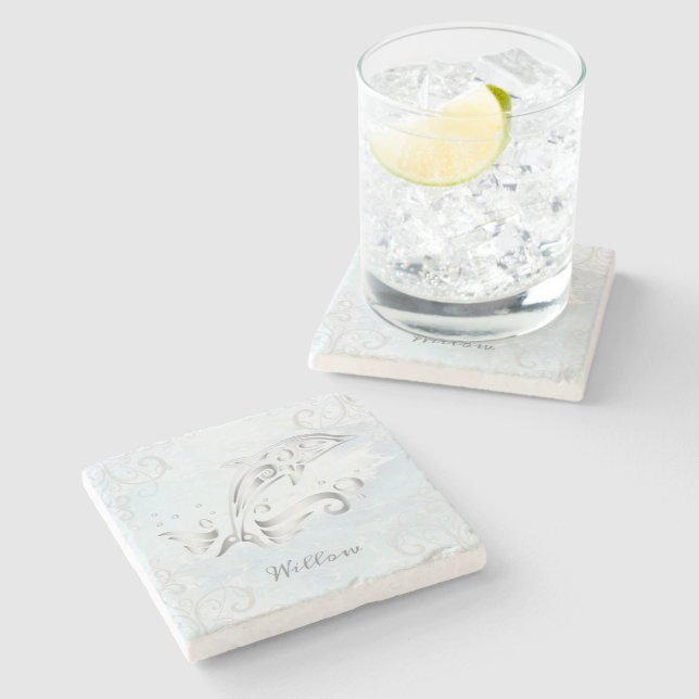 Gray Dolphin Personalized Stone Coaster (Side)