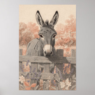 Gray Donkey at Lavender Garden Fence Poster