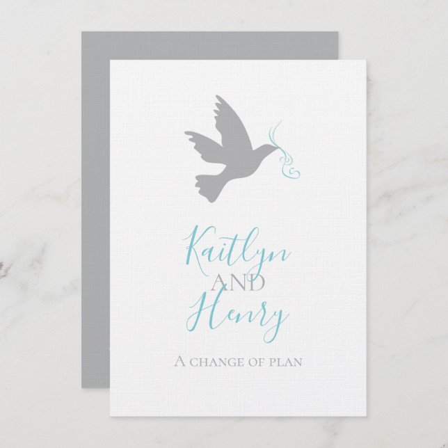 Gray dove aqua blue ribbon change of wedding plans invitation (Front/Back)