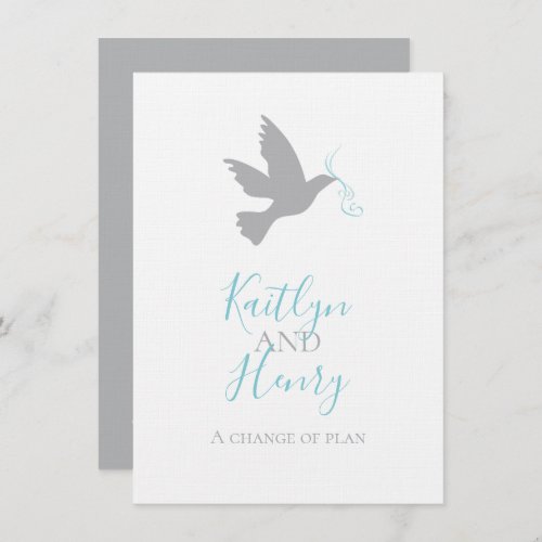 Gray dove aqua blue ribbon change of wedding plans invitation