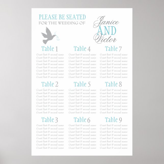 Gray dove aqua blue wedding seating table plan 1-9 poster (Front)