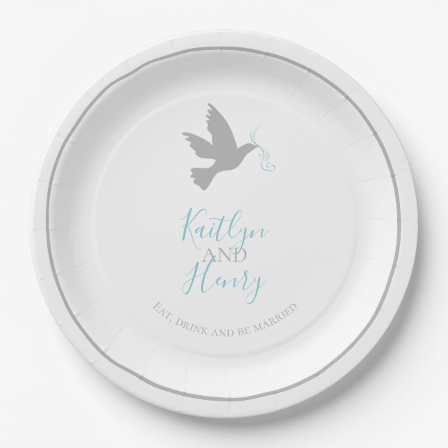 Gray dove flying bird aqua blue ribbons wedding paper plates (Front)