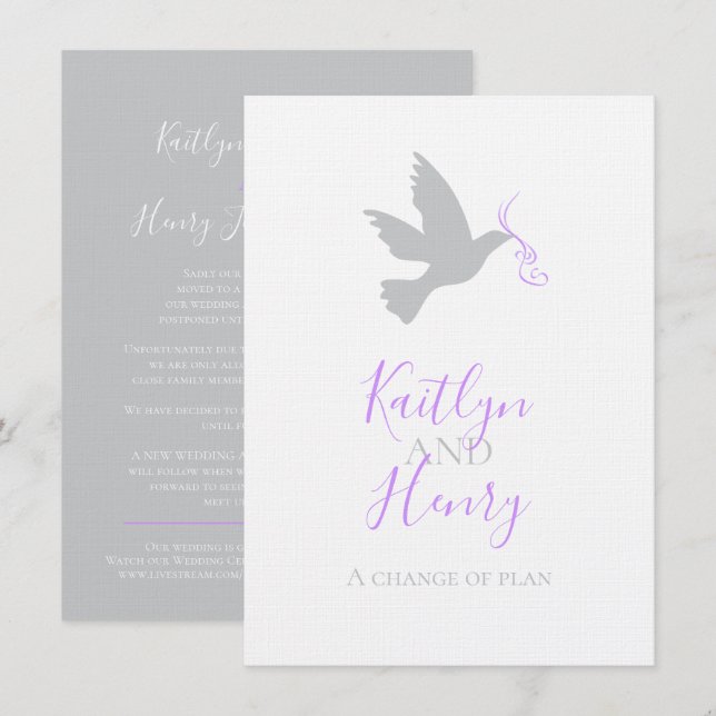 Gray dove purple ribbon change of wedding plans invitation (Front/Back)