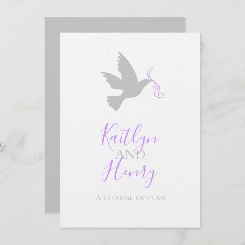 Gray dove purple ribbon change of wedding plans invitation
