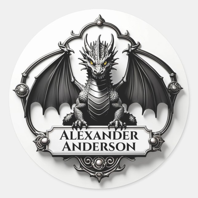 Gray Dragon with Yellow Eyes Personalize  Classic Round Sticker (Front)