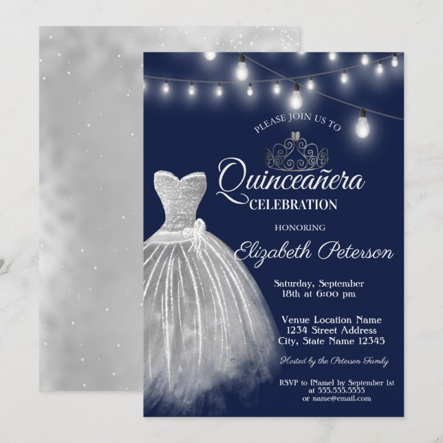 Gray Dress Navy Blue Quinceañera  Invitation (Front/Back)