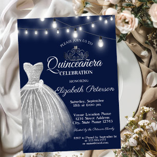 Gray Dress Navy Blue Quinceañera  Invitation