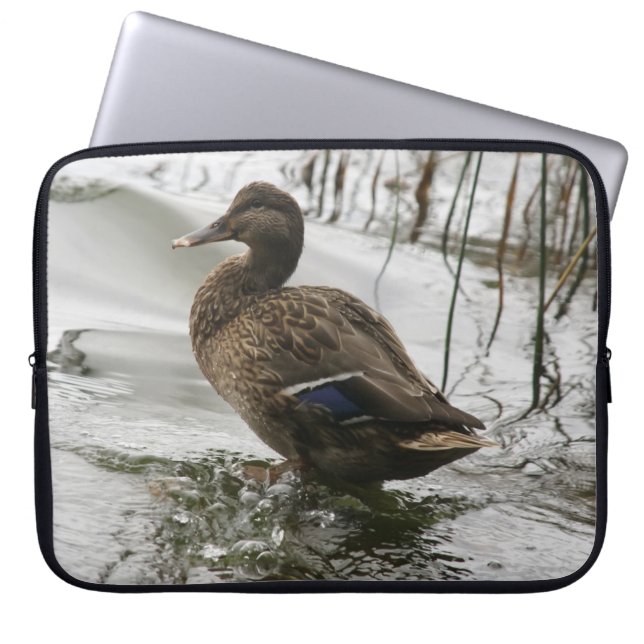 Gray duck on dark the lake laptop sleeve (Front)