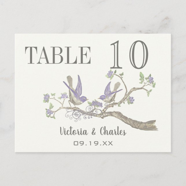Gray & Dusty Purple Love Birds Table Number (Front)