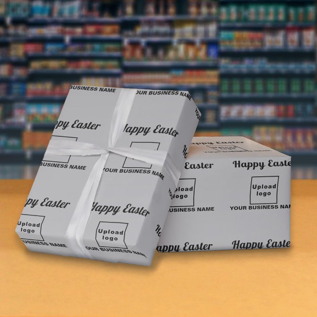 Gray Easter Business Wrapping Paper (Gray wrapping paper with seamless pattern of Easter greeting, your business name and logo)