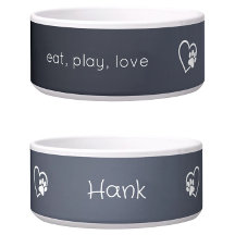 Gray Eat Play Love Custom Dog Name Bowl