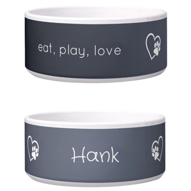 Gray 'eat, play, love' Dog Name Bowl (Creator Uploaded)