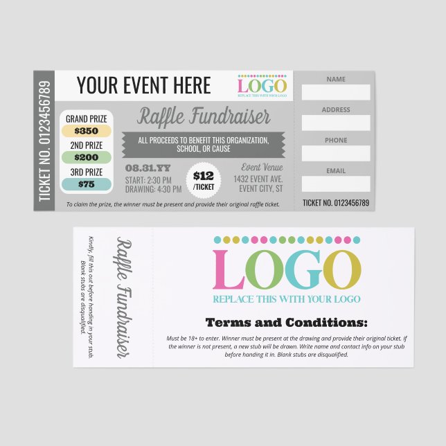 Gray Editable Event Fundraiser Charity Raffle Tickets (Front/Back)