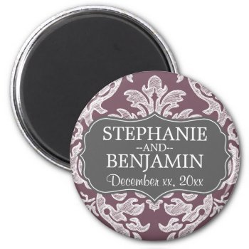 Gray & Eggplant Damask Pattern Wedding Favor Magnet by JustWeddings at Zazzle
