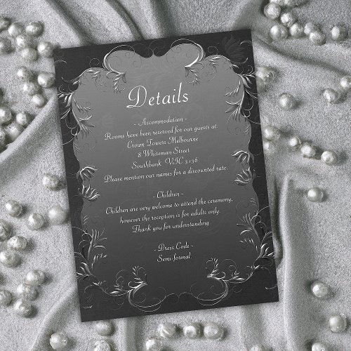 Gray Elegance and Silver Swirls Wedding Details Enclosure Card