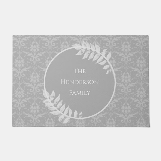 Gray Elegant Damask Personalized Doormat (Front)