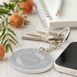 Gray Elegant Damask Personalized Keychain