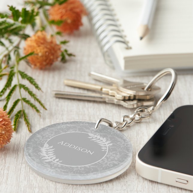 Gray Elegant Damask Personalized Keychain (Front Right)