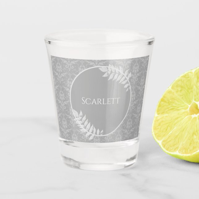 Gray Elegant Damask Personalized Shot Glass (Front)