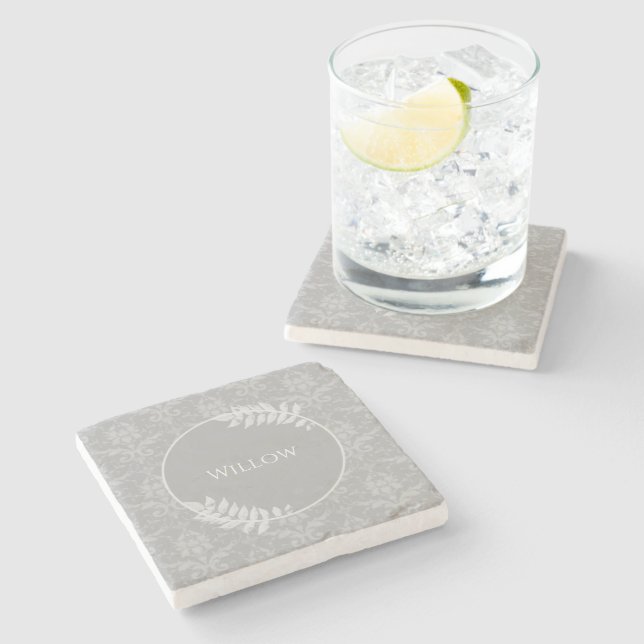 Gray Elegant Damask Personalized Stone Coaster (Side)
