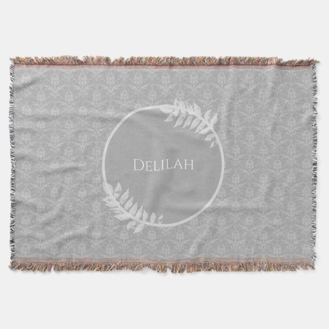 Gray Elegant Damask Personalized Throw Blanket (Front)