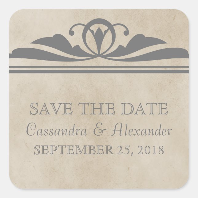 Gray Elegant Deco Save the Date Stickers (Front)